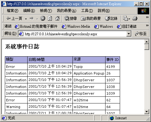 使用ASP.NET顯示事件日誌紀錄