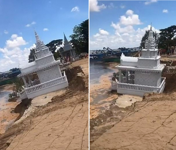 柬埔寨大雨致湄公河岸边一佛塔被冲入水中